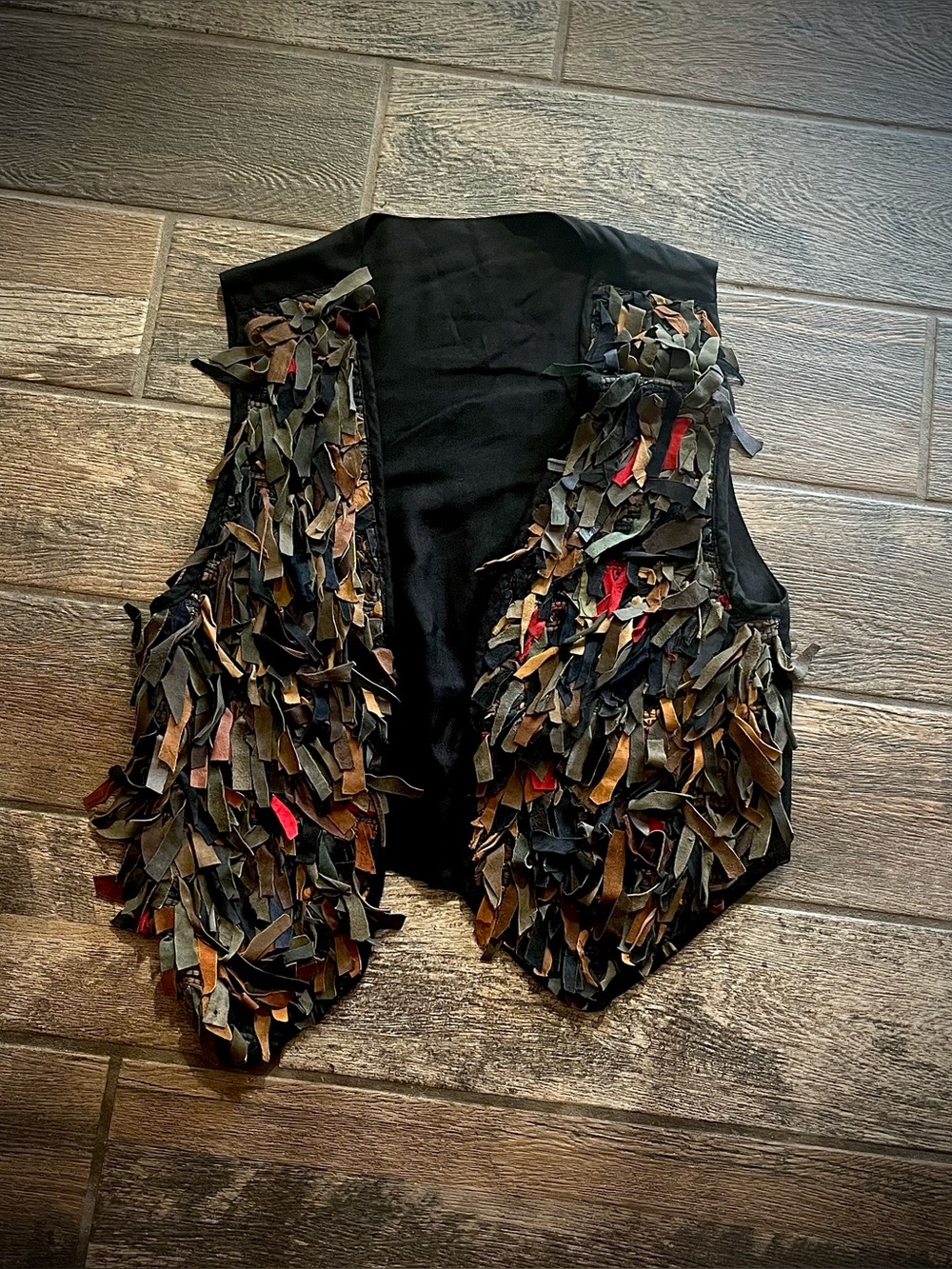 Unique vintage Leather Vest with all over rustic fringe M